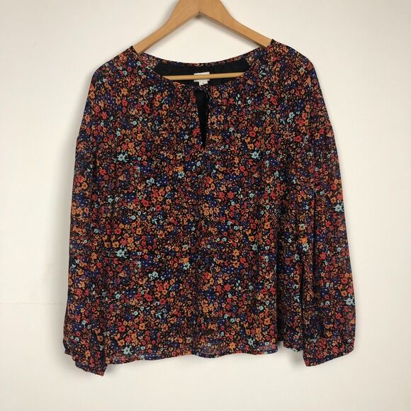 J Crew Women's Crinkle Peasant Top Long Sleeve Floral Print Keyhole Neck Small - Picture 2 of 6